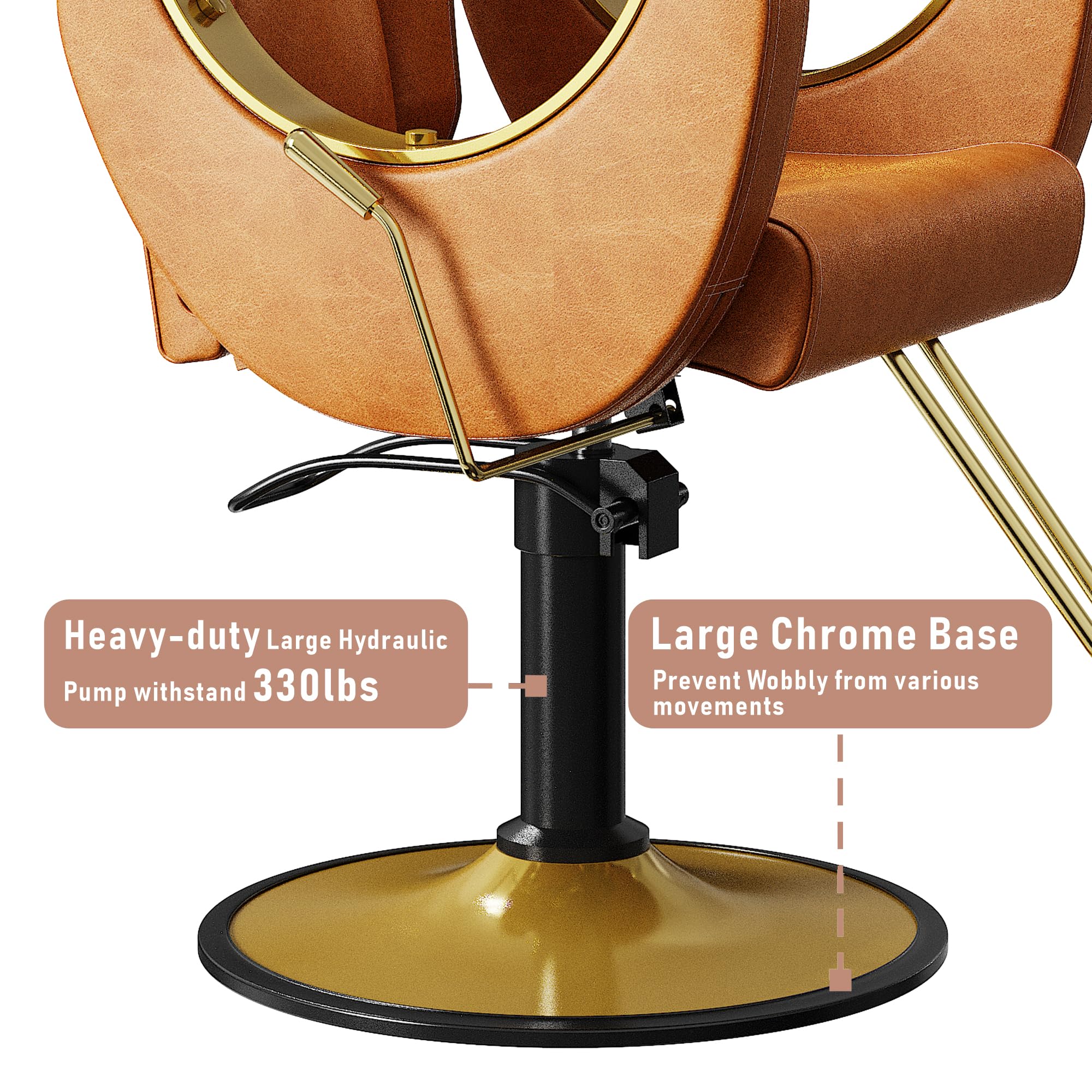 Sculptural Barber Chair with Cutout Gold Armrests – Reclining & 360° Swivel, Caramel Brown