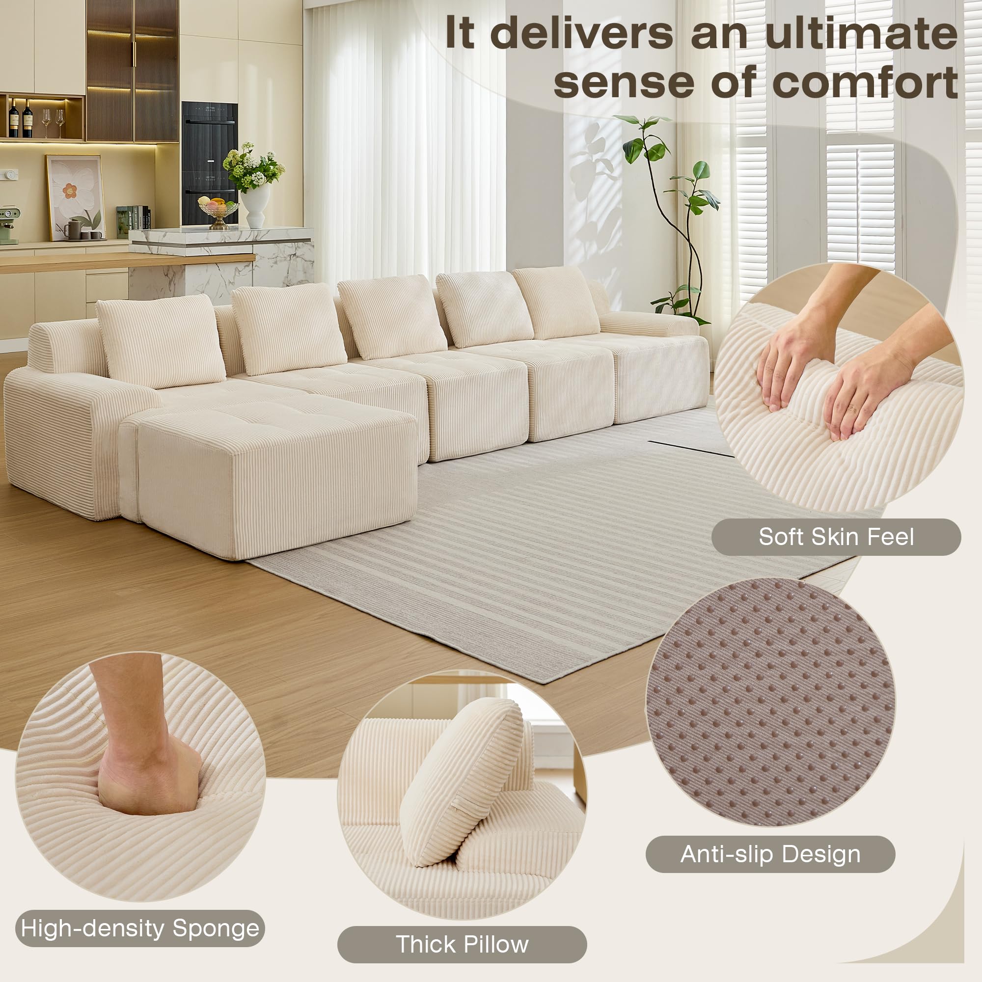 6-Piece Modular Corduroy Sectional Sofa – L-Shape, Deep Seat, White