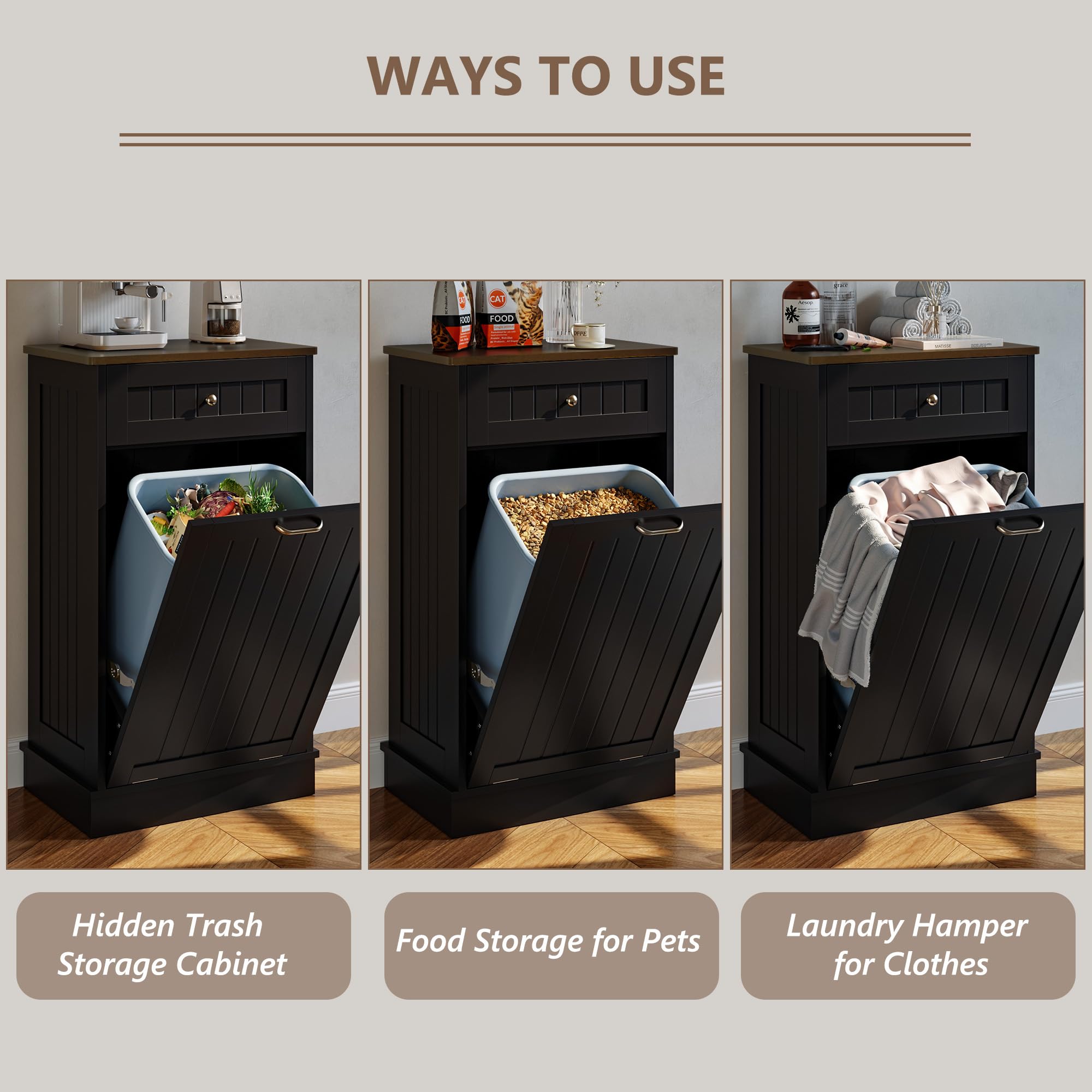 Tilt-Out Trash Cabinet with Drawer – Single Hidden Bin, Black