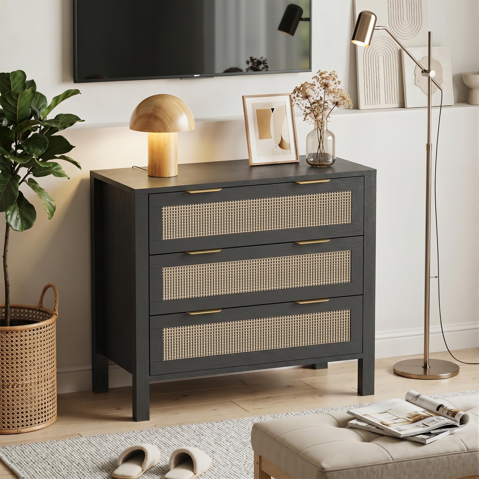 3-Drawer Rattan Dresser – Modern Black Chest of Drawers with Gold Handles