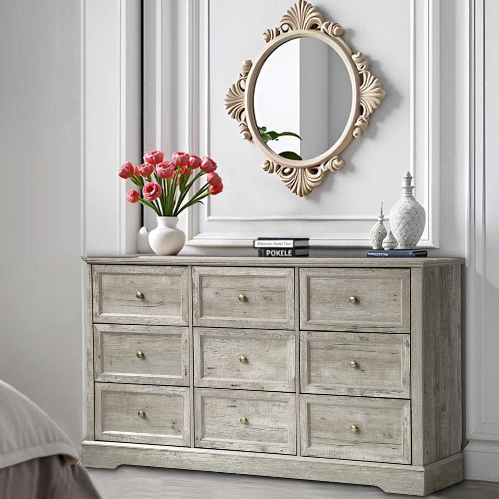 Farmhouse 9-Drawer Dresser – Bedroom Chest of Drawers, Rustic Gray