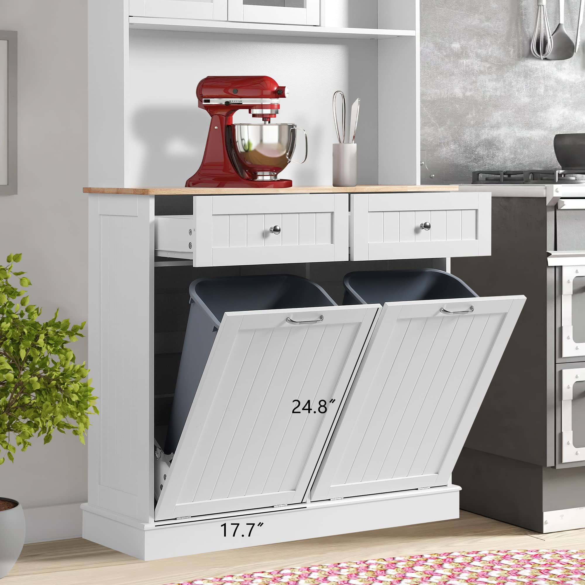 68.4" Kitchen Pantry Storage Cabinet with Glass Hutch & Tilt-Out Trash Bin – White, Double Trash