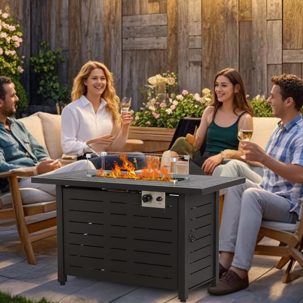 8-Piece Outdoor Wicker Sectional Sofa Set with 43" Fire Pit Table – Gray Rattan, Black Cushions