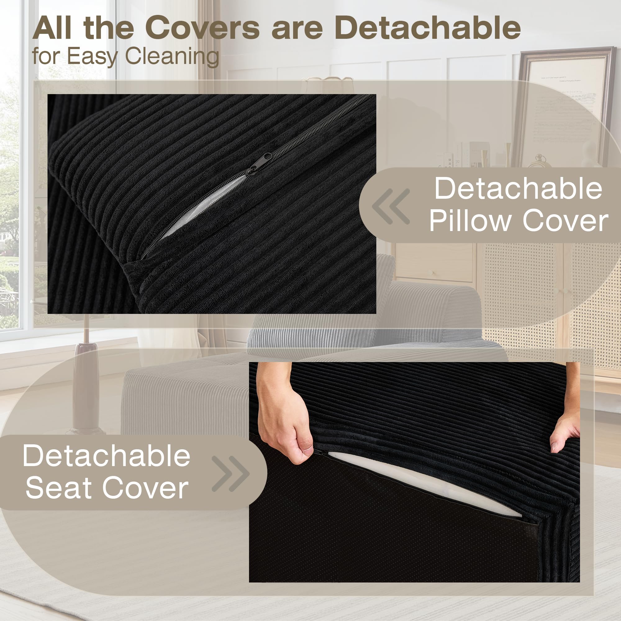 Modular Corduroy Sofa – Deep Seat Cloud Couch, Left Armchair, Black