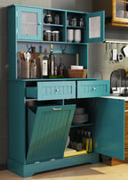 68.4" Kitchen Pantry Storage Cabinet with Hutch, Drawers & Tilt-Out Trash Bin – Deep Teal