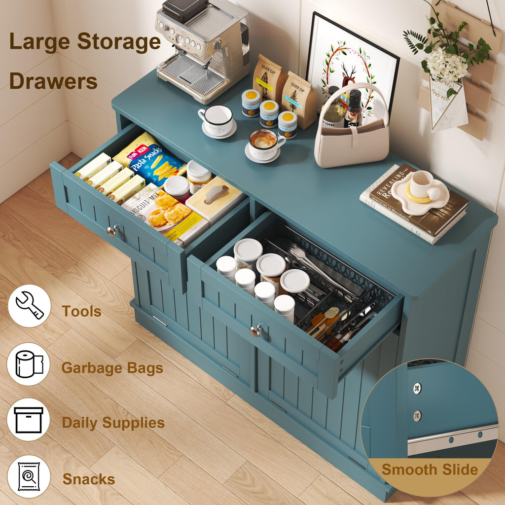 Tilt-Out Trash Cabinet with Double Hidden Bins & Drawers – Teal