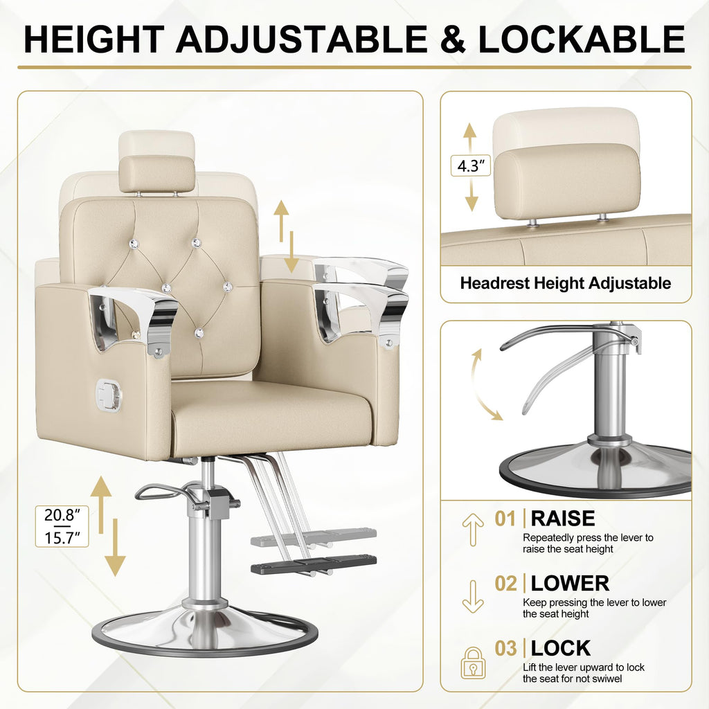 Reclining Salon Chair with Tufted Back & 360° Swivel – Height Adjustable, Beige