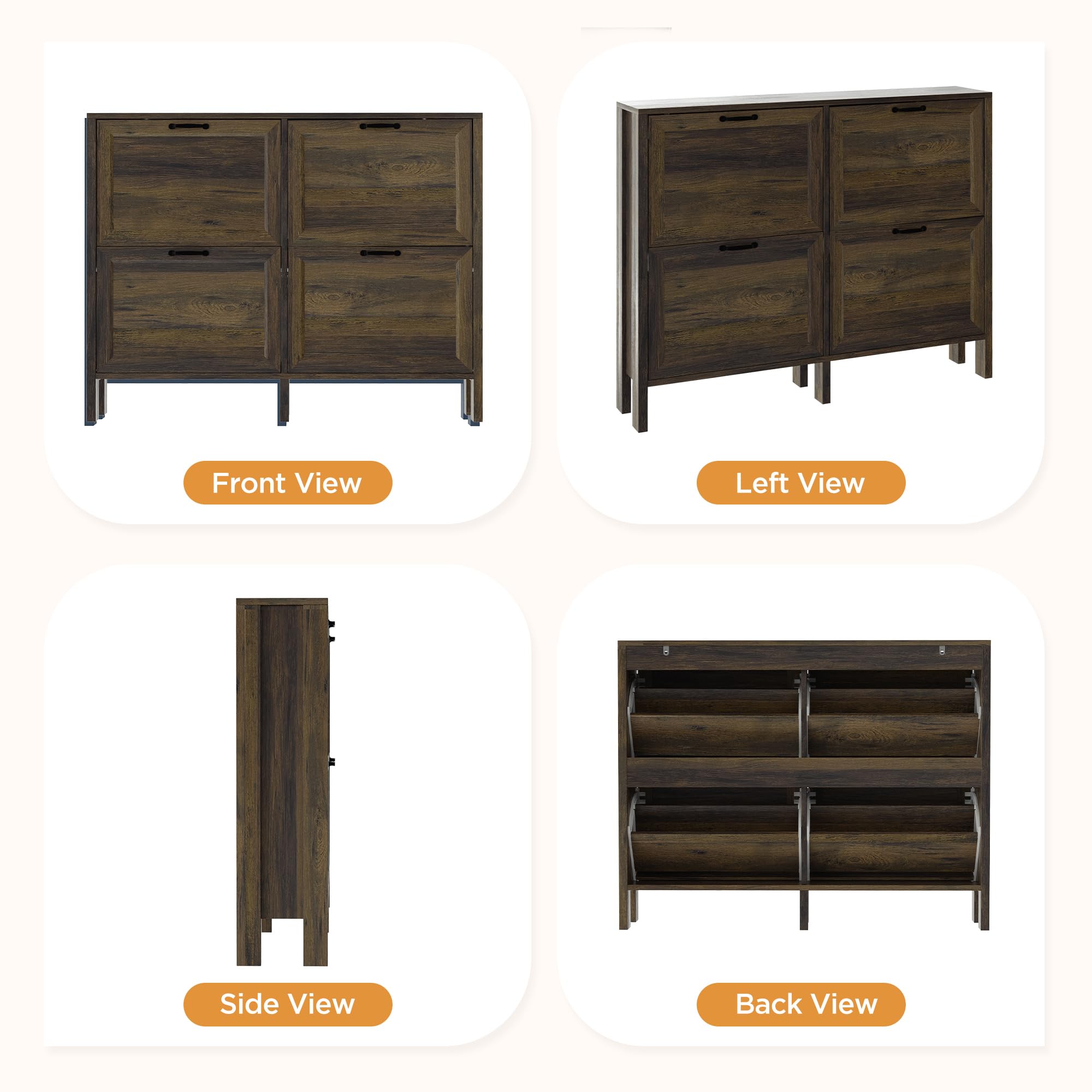 Freestanding Shoe Cabinet with 4 Flip-Down Drawers – Entryway Storage, Brown