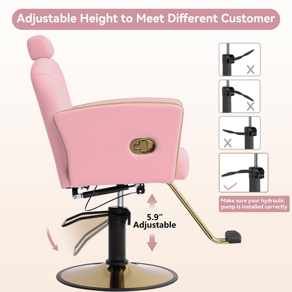 Scalloped Reclining Salon Chair with Gold Trim – Height Adjustable, Pink