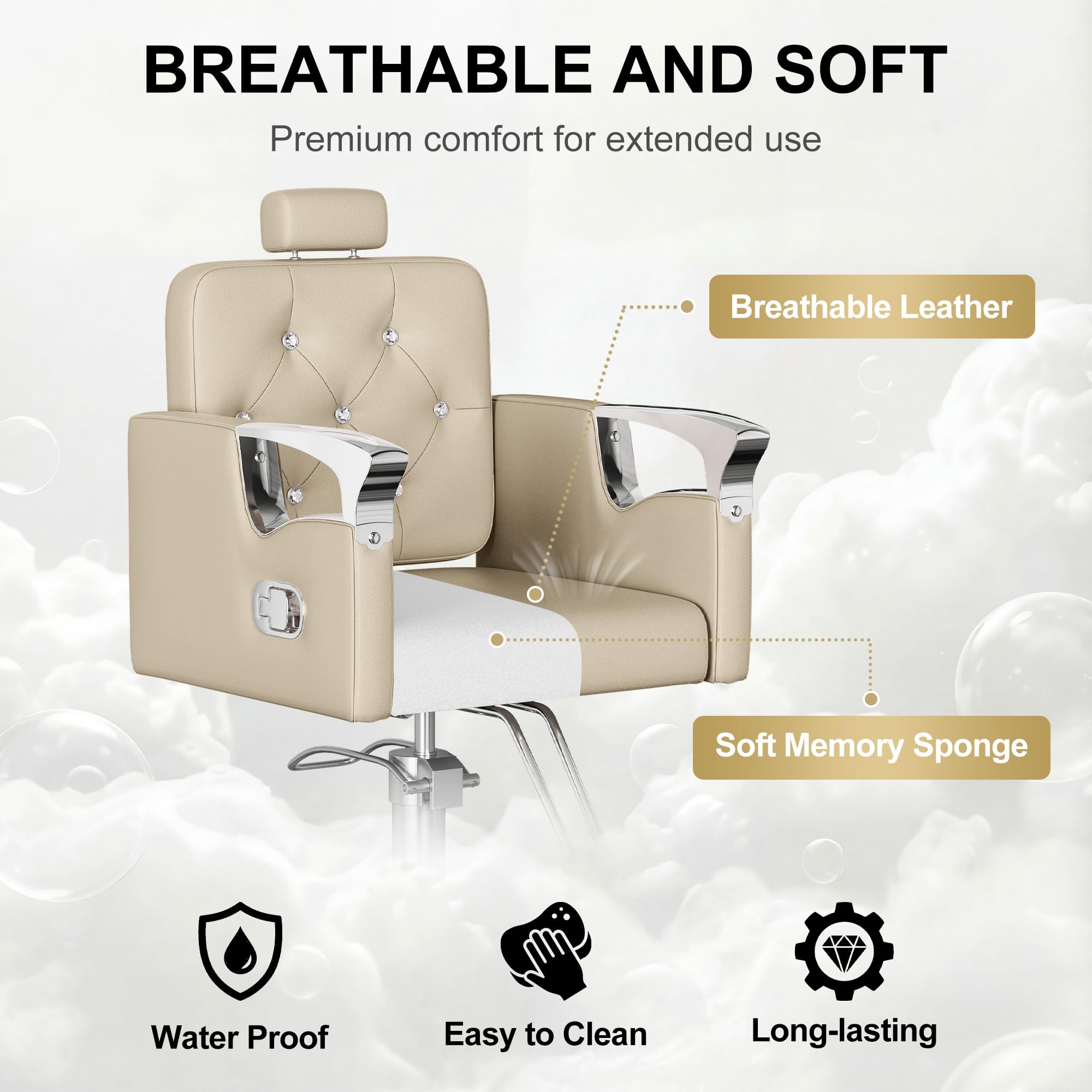 Reclining Salon Chair with Tufted Back & 360° Swivel – Height Adjustable, Beige