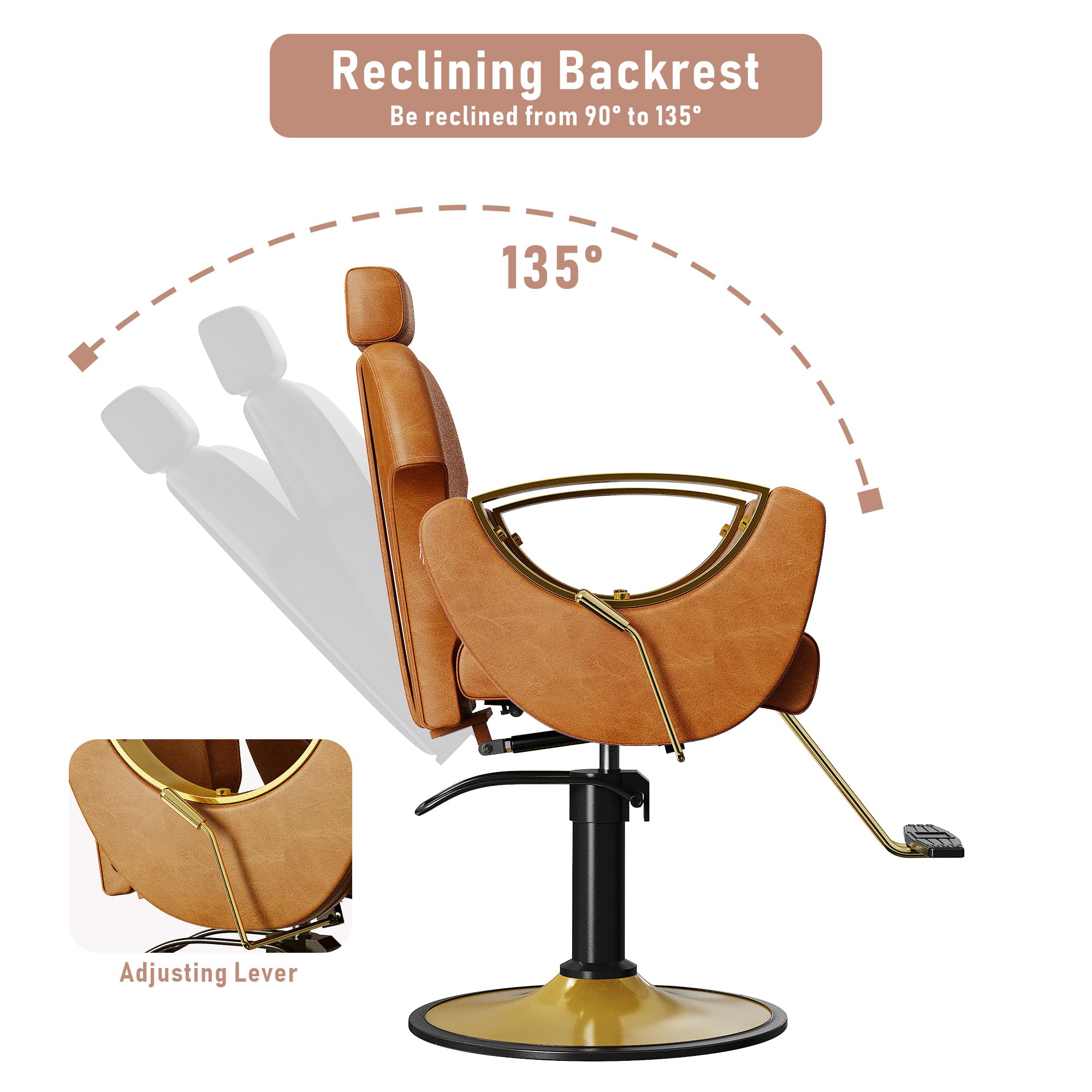 Sculptural Barber Chair with Cutout Gold Armrests – Reclining & 360° Swivel, Caramel Brown