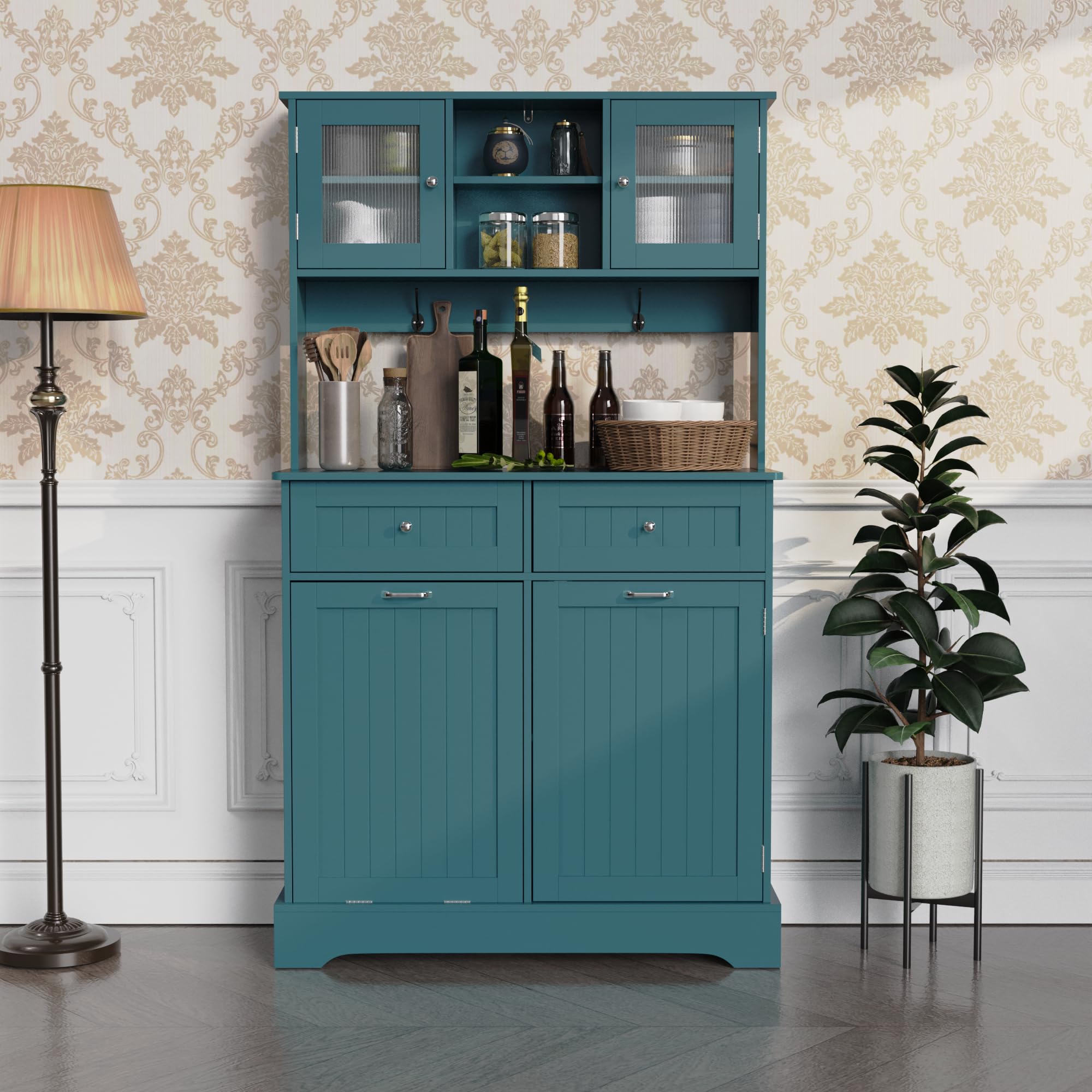 68.4" Kitchen Pantry Storage Cabinet with Hutch, Drawers & Tilt-Out Trash Bin – Deep Teal
