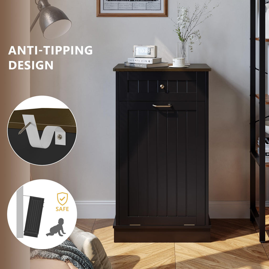 Tilt-Out Trash Cabinet with Drawer – Single Hidden Bin, Black