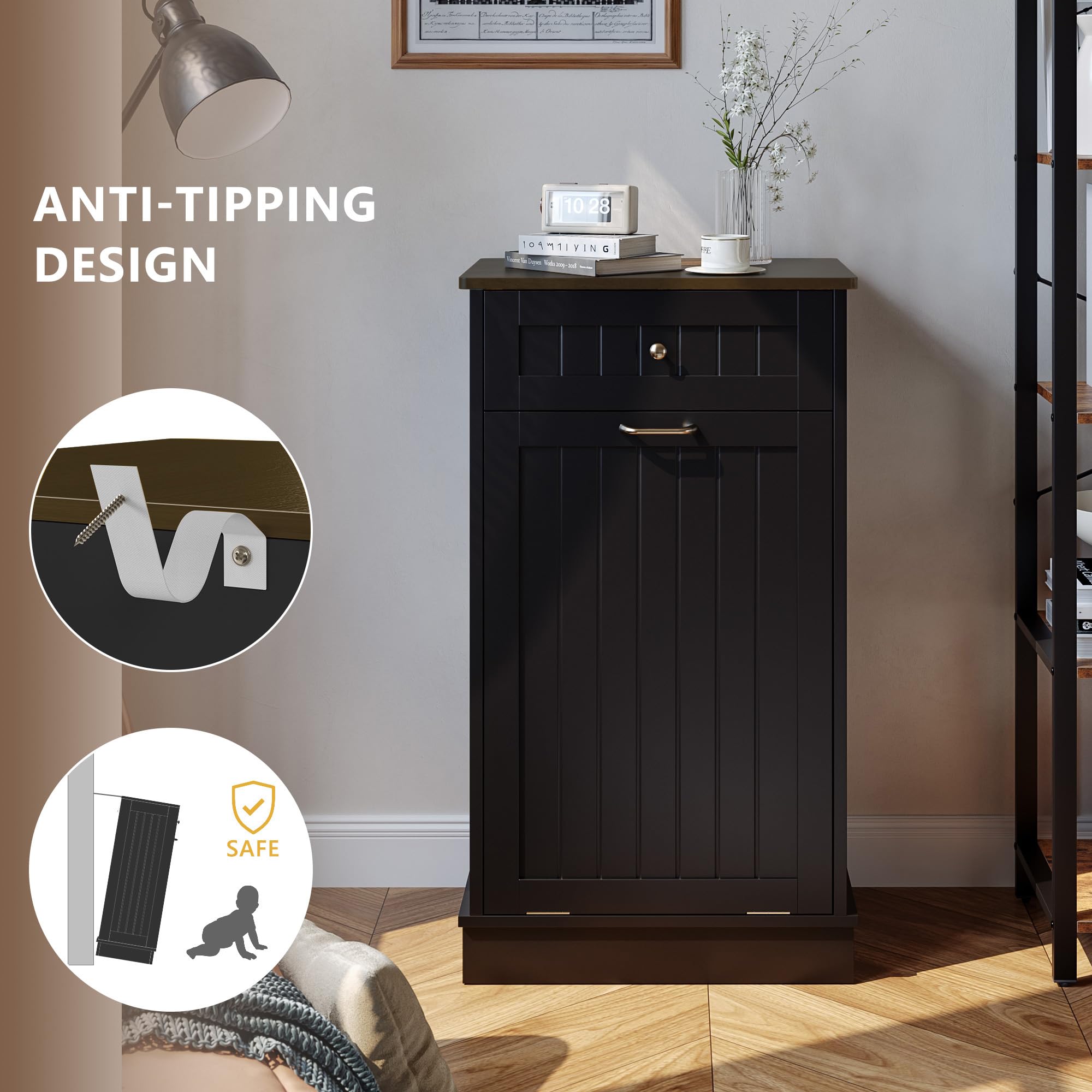 Tilt-Out Trash Cabinet with Drawer – Single Hidden Bin, Black