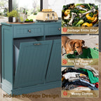 Tilt-Out Trash Cabinet with Double Hidden Bins & Drawers – Teal