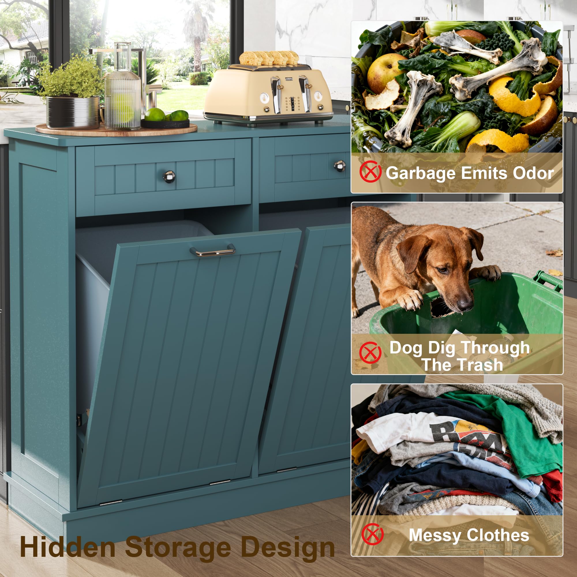 Tilt-Out Trash Cabinet with Double Hidden Bins & Drawers – Teal