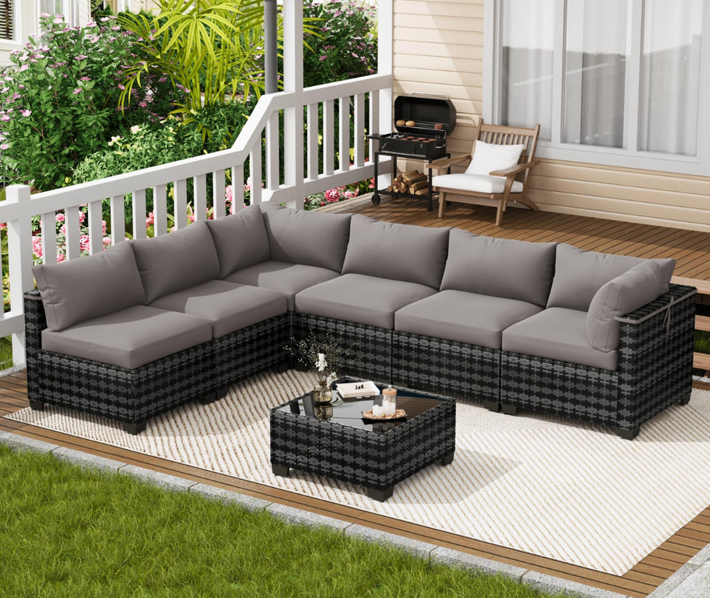 7-Piece Outdoor Wicker Sectional Sofa Set with Coffee Table – Gray Rattan, Taupe Cushions