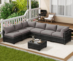 7-Piece Outdoor Wicker Sectional Sofa Set with Coffee Table – Gray Rattan, Taupe Cushions