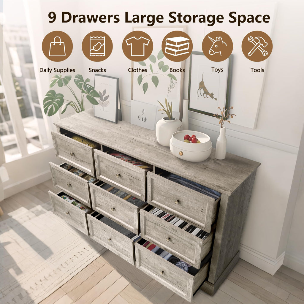 Farmhouse 9-Drawer Dresser – Bedroom Chest of Drawers, Rustic Gray