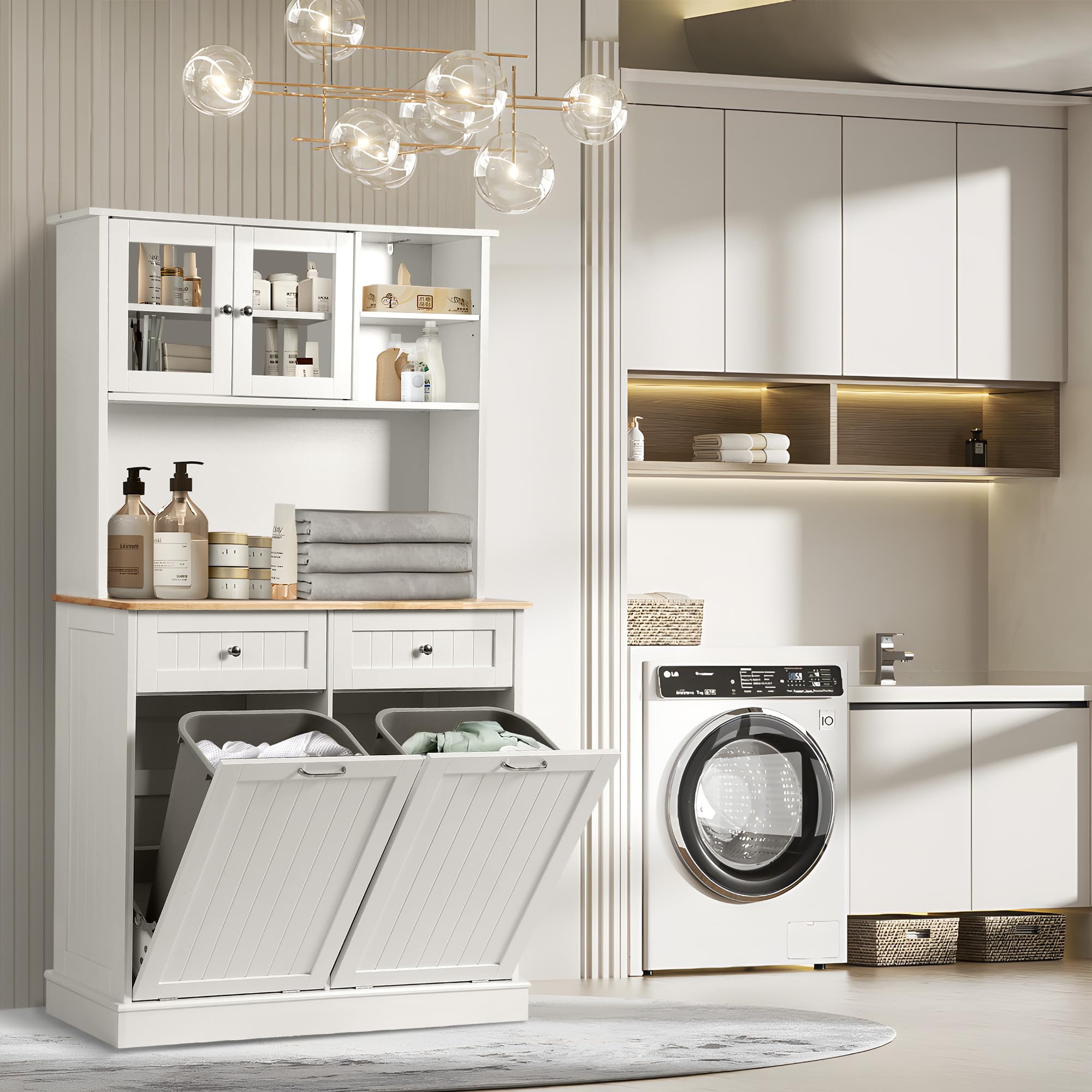 68.4" Kitchen Pantry Storage Cabinet with Glass Hutch & Tilt-Out Trash Bin – White, Double Trash