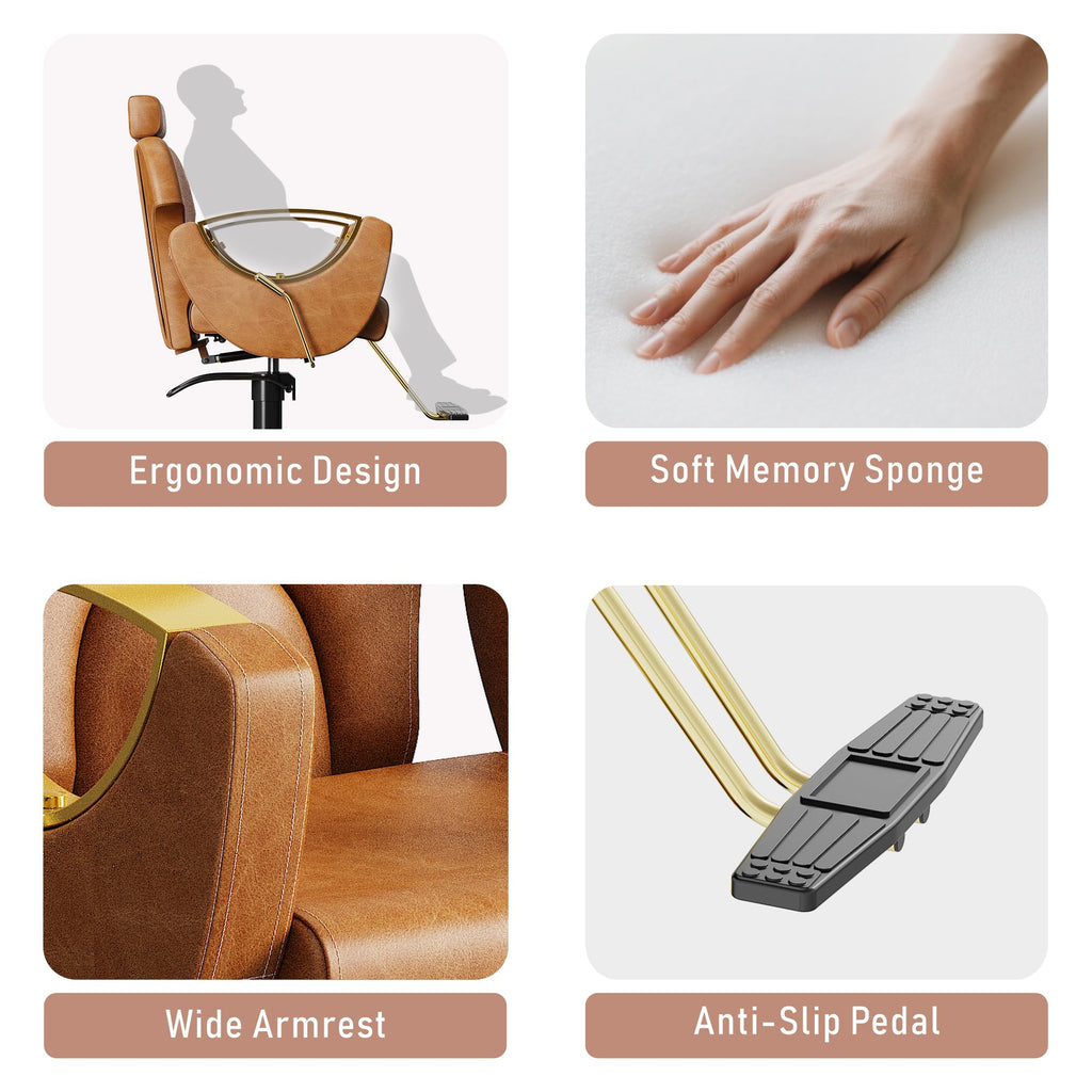 Sculptural Barber Chair with Cutout Gold Armrests – Reclining & 360° Swivel, Caramel Brown