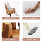 Sculptural Barber Chair with Cutout Gold Armrests – Reclining & 360° Swivel, Caramel Brown