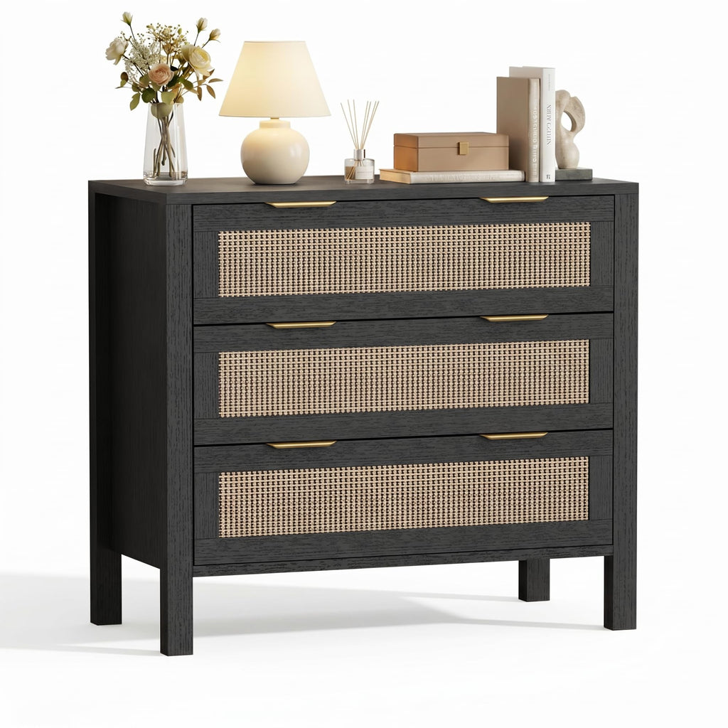 3-Drawer Rattan Dresser – Modern Black Chest of Drawers with Gold Handles