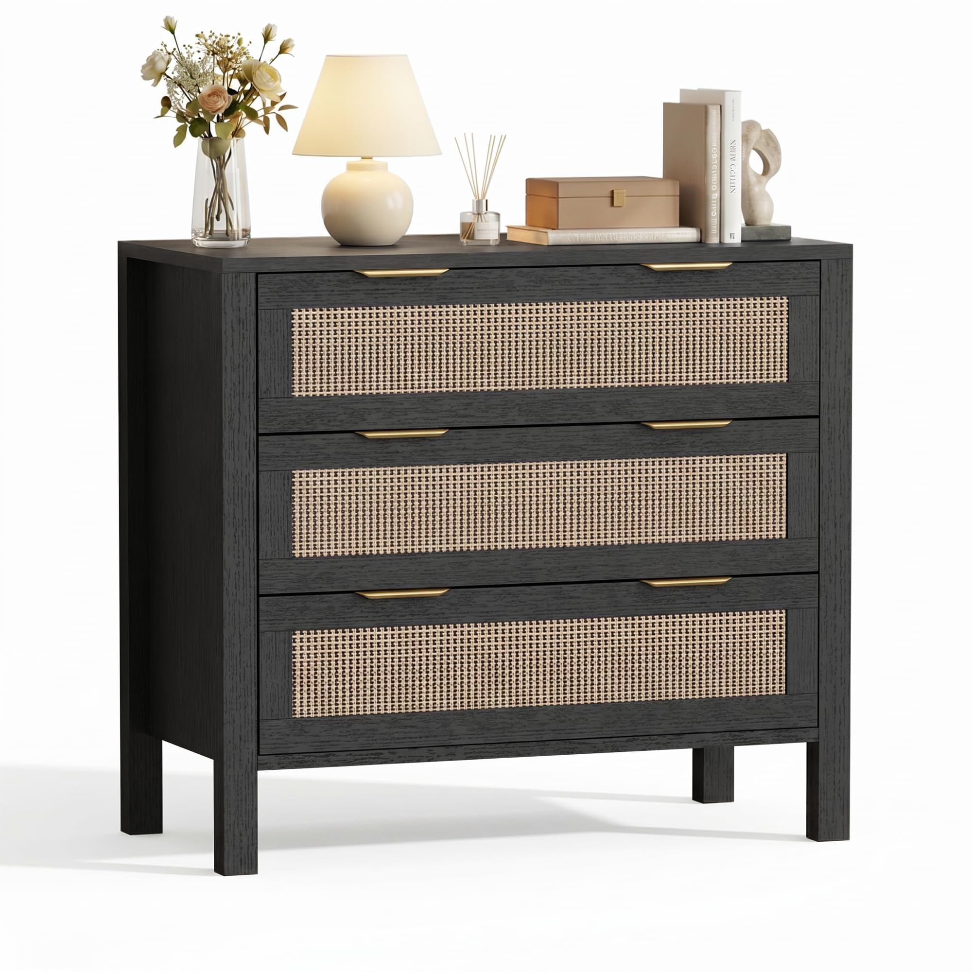 3-Drawer Rattan Dresser – Modern Black Chest of Drawers with Gold Handles