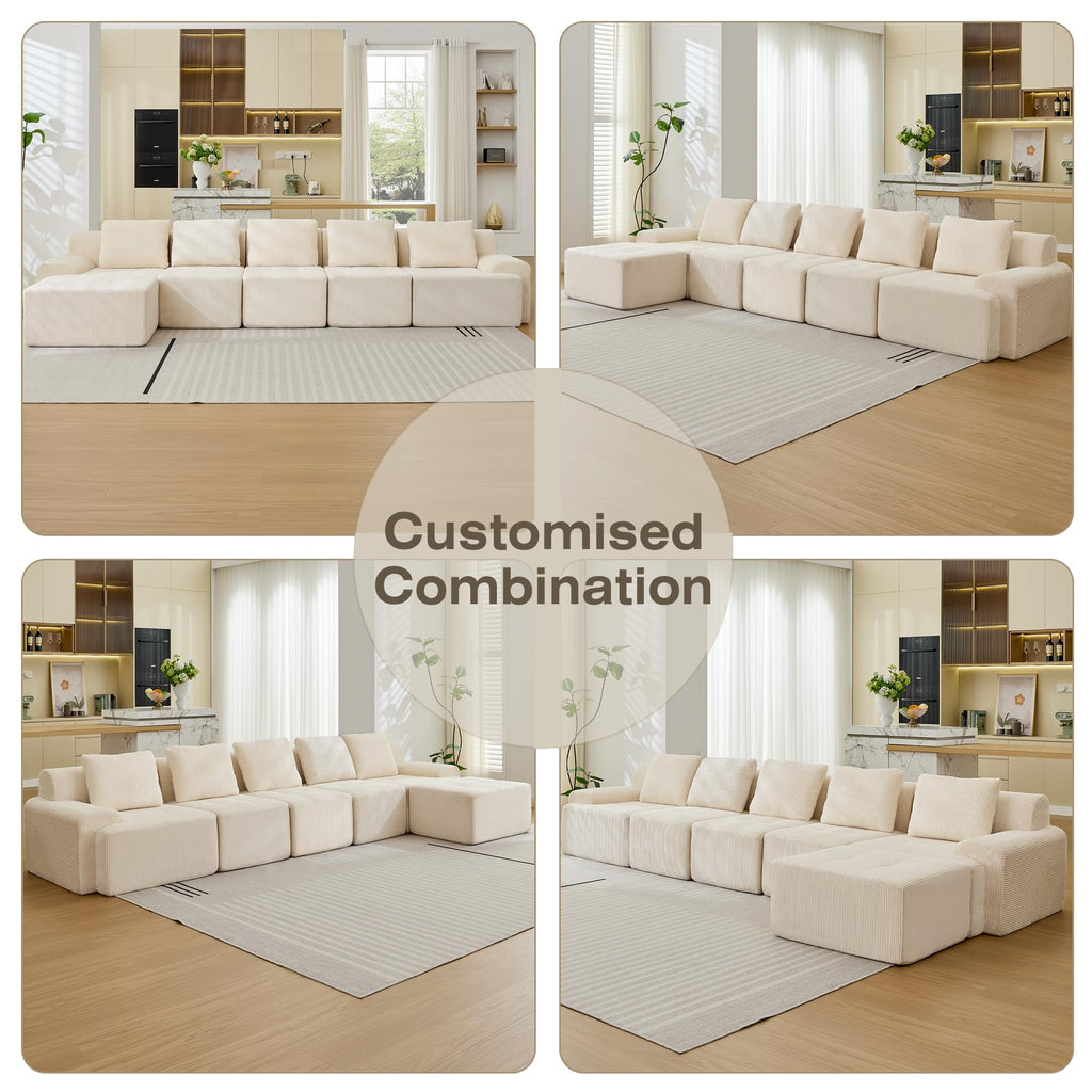 6-Piece Modular Corduroy Sectional Sofa – L-Shape, Deep Seat, White