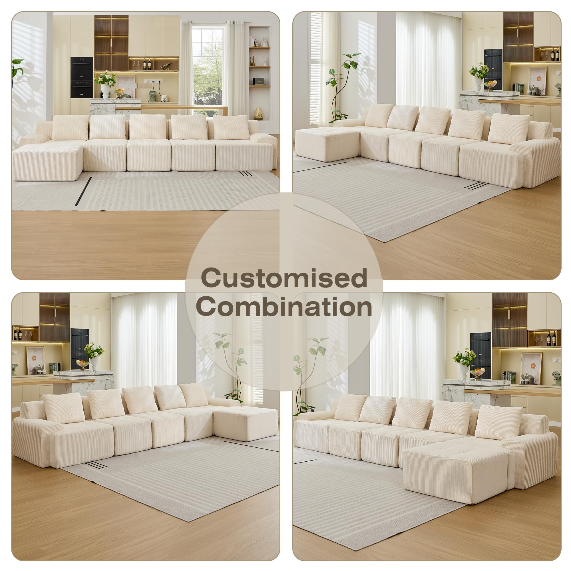 6-Piece Modular Corduroy Sectional Sofa – L-Shape, Deep Seat, White