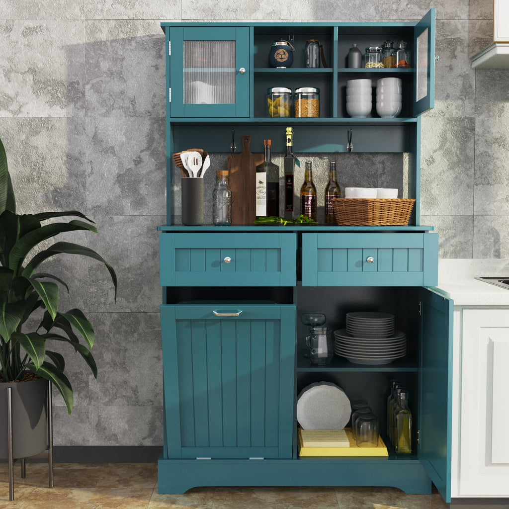 68.4" Kitchen Pantry Storage Cabinet with Hutch, Drawers & Tilt-Out Trash Bin – Deep Teal