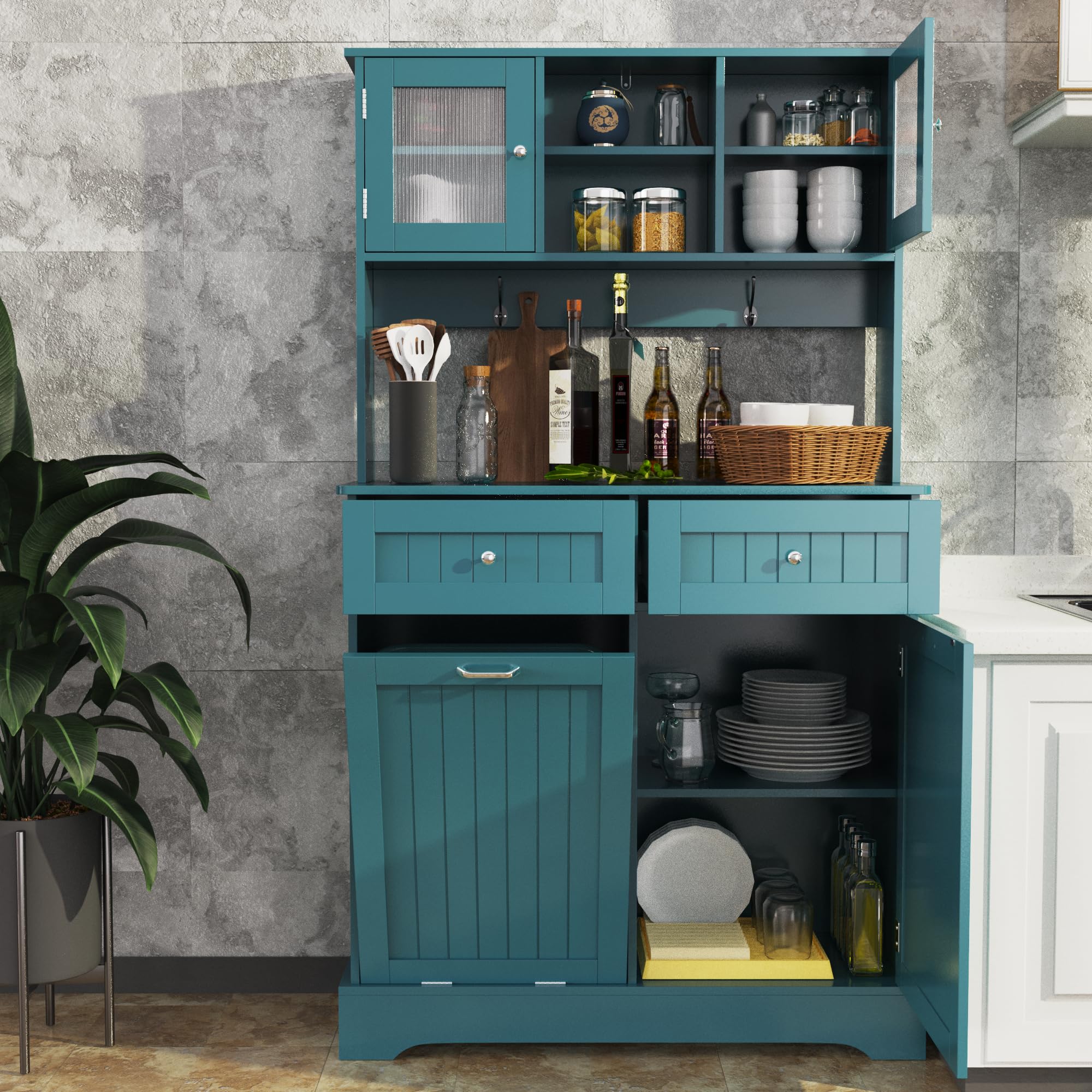 68.4" Kitchen Pantry Storage Cabinet with Hutch, Drawers & Tilt-Out Trash Bin – Deep Teal