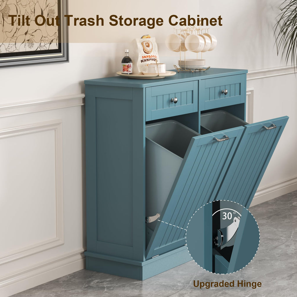 Tilt-Out Trash Cabinet with Double Hidden Bins & Drawers – Teal