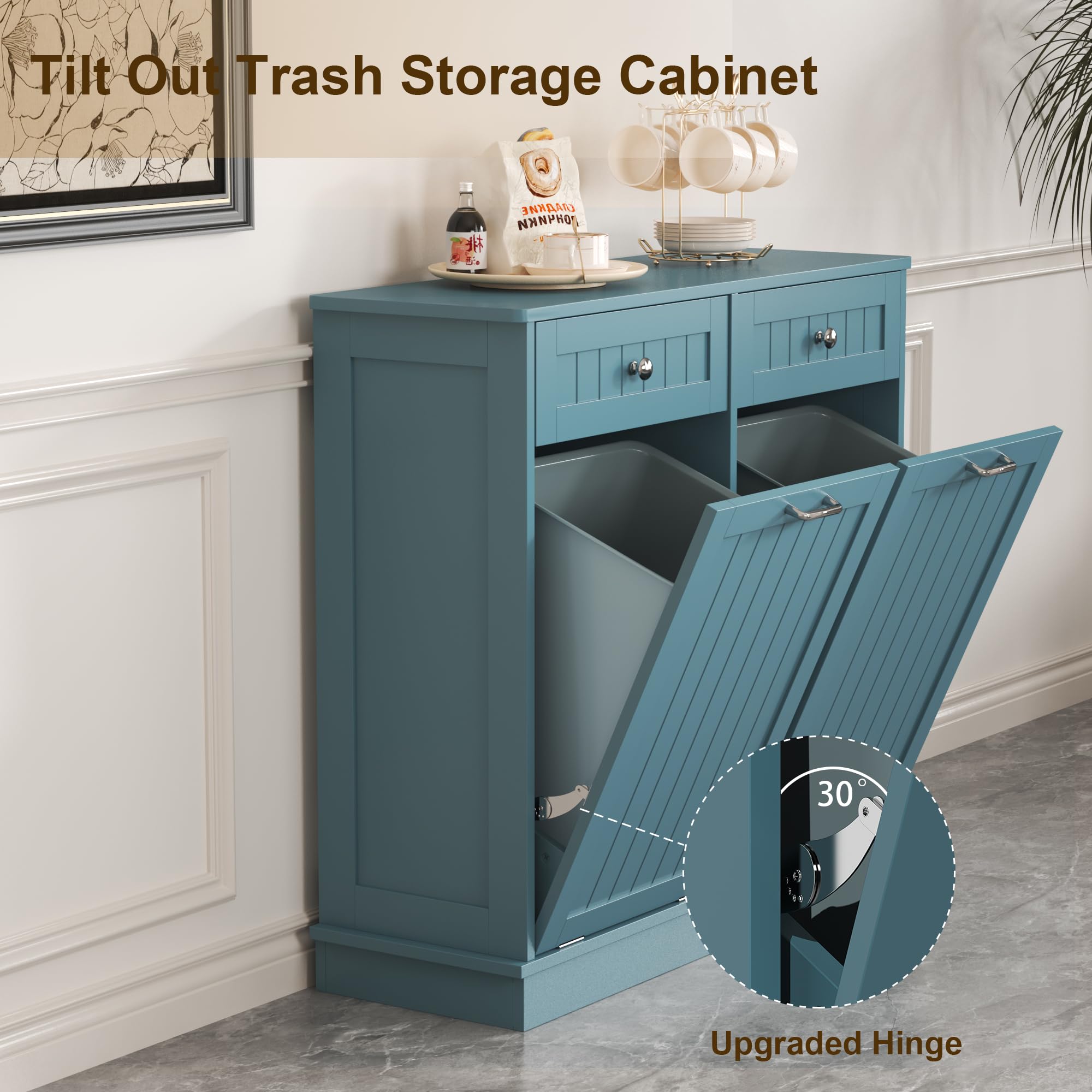 Tilt-Out Trash Cabinet with Double Hidden Bins & Drawers – Teal