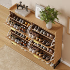Freestanding Shoe Storage Cabinet with Rattan Doors – Entryway & Hallway, Natural Oak