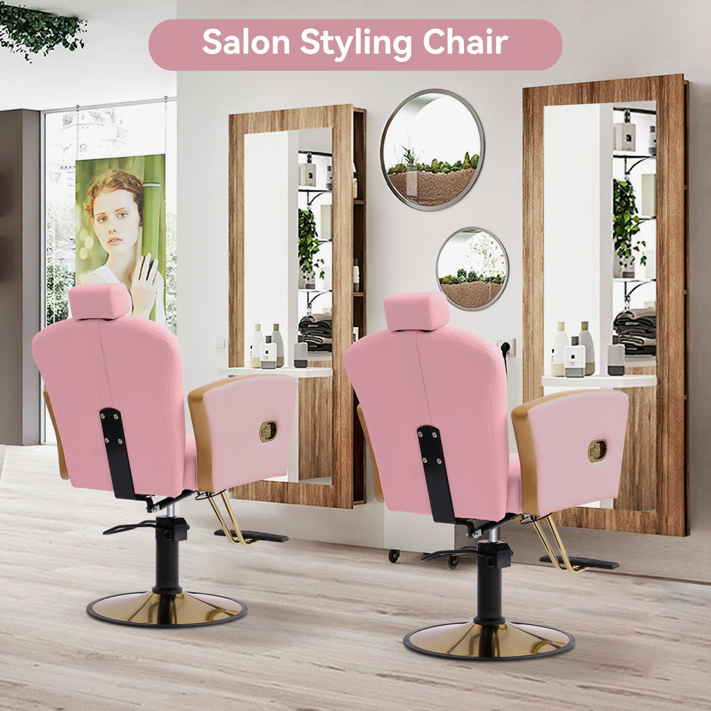 Scalloped Reclining Salon Chair with Gold Trim – Height Adjustable, Pink