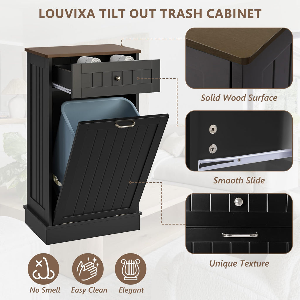 Tilt-Out Trash Cabinet with Drawer – Single Hidden Bin, Black