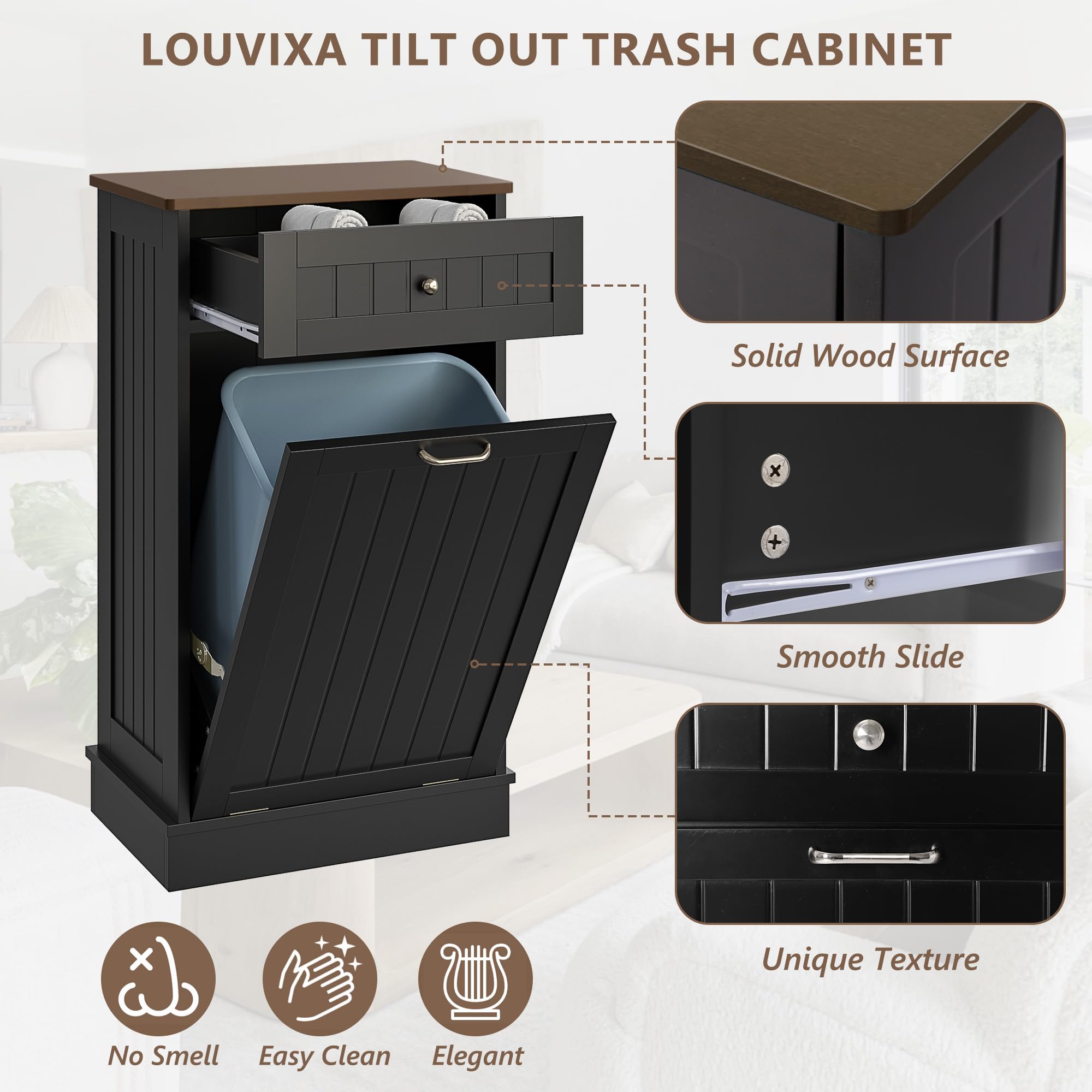 Tilt-Out Trash Cabinet with Drawer – Single Hidden Bin, Black
