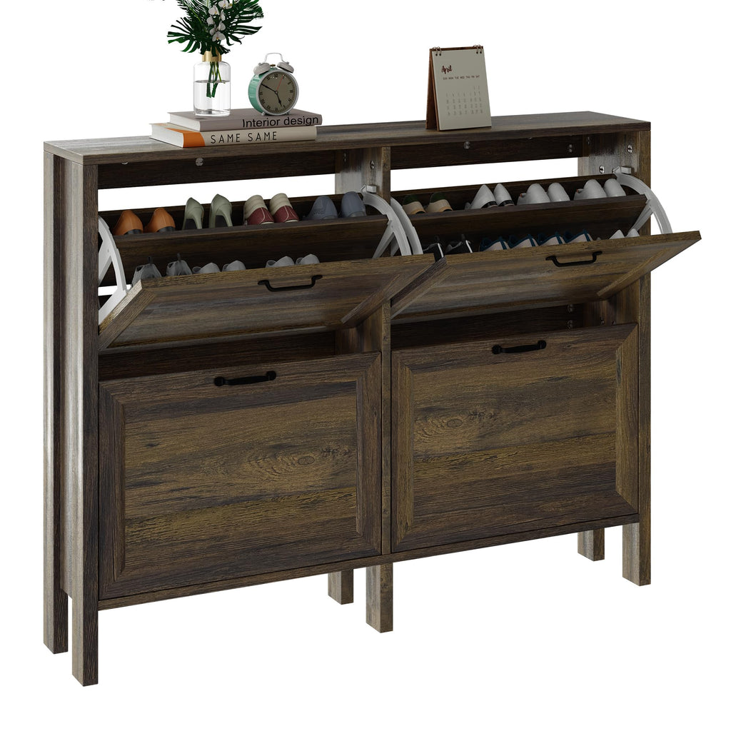 Freestanding Shoe Cabinet with 4 Flip-Down Drawers – Entryway Storage, Brown