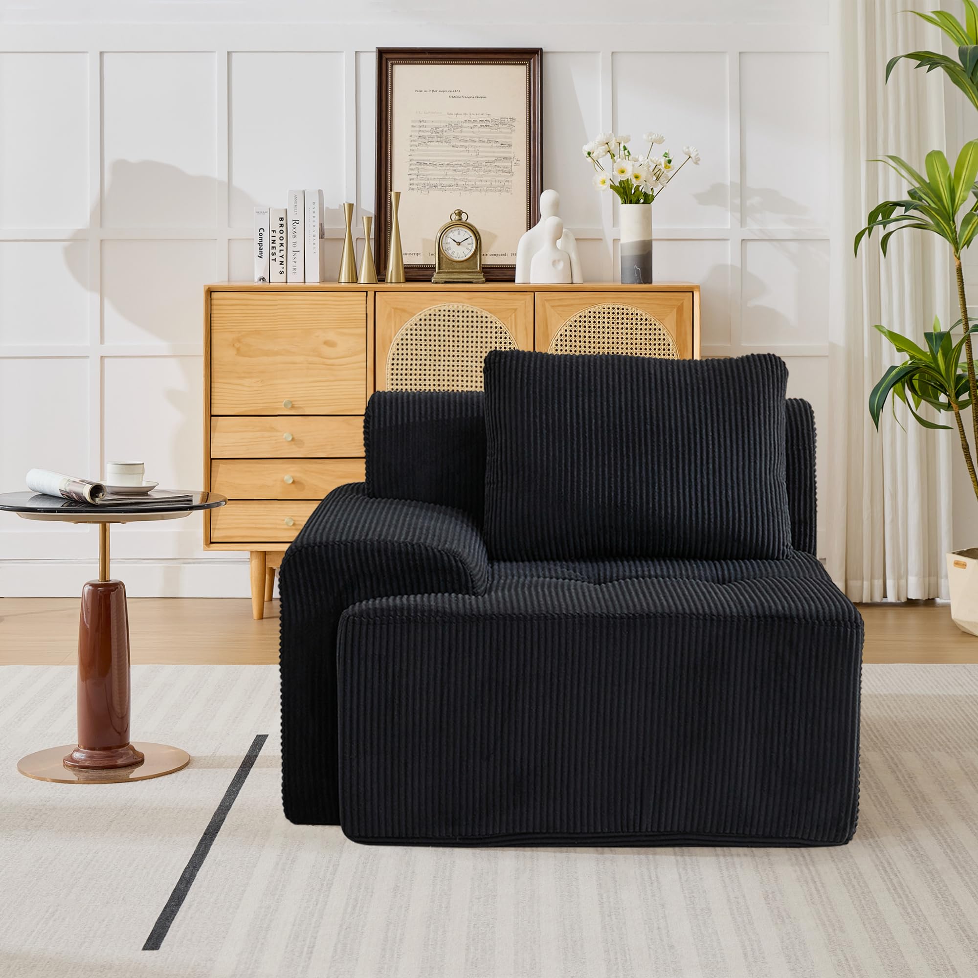 Modular Corduroy Sofa – Deep Seat Cloud Couch, Left Armchair, Black