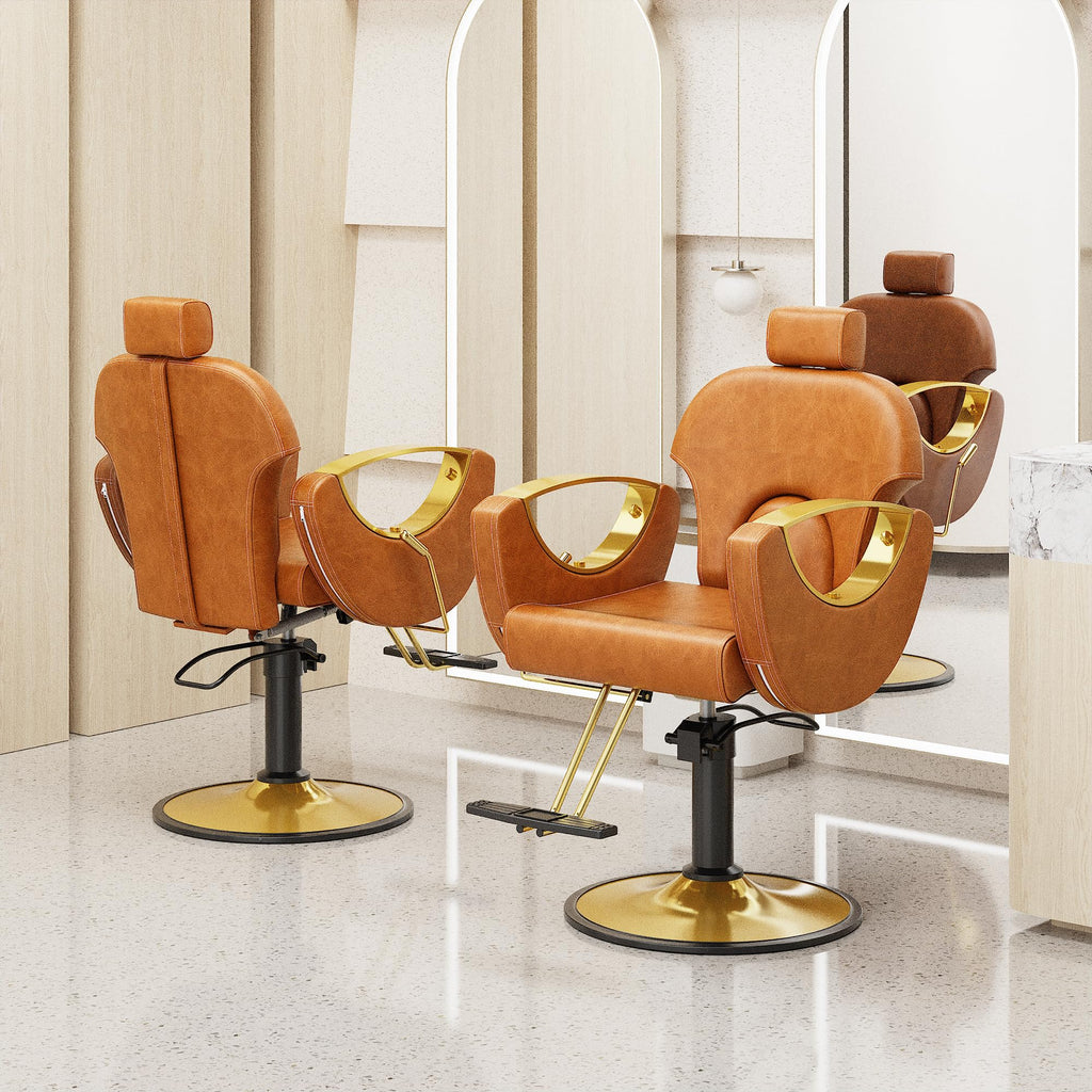Sculptural Barber Chair with Cutout Gold Armrests – Reclining & 360° Swivel, Caramel Brown