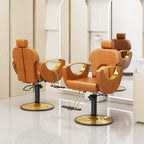 Sculptural Barber Chair with Cutout Gold Armrests – Reclining & 360° Swivel, Caramel Brown