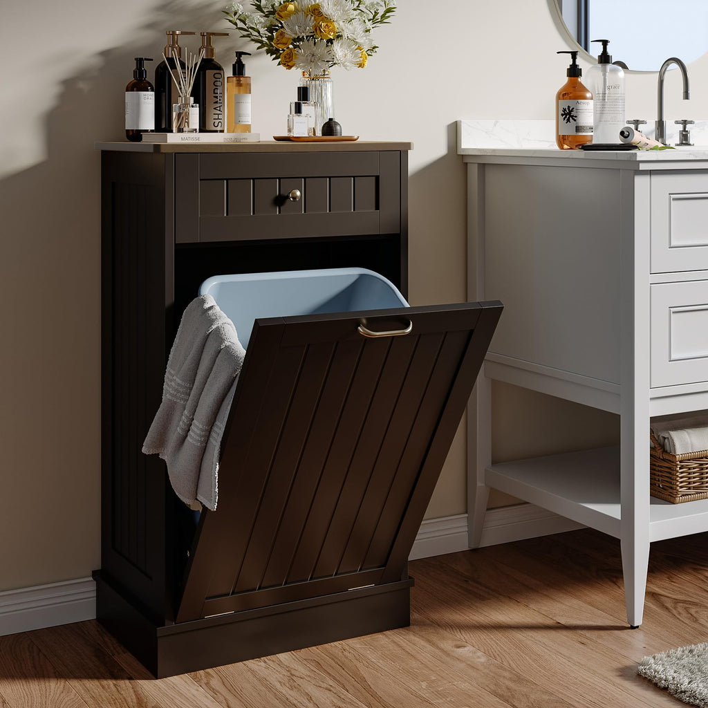 Tilt-Out Trash Cabinet with Drawer – Single Hidden Bin, Black