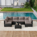 7-Piece Outdoor Wicker Sectional Sofa Set with Coffee Table – Gray Rattan, Taupe Cushions