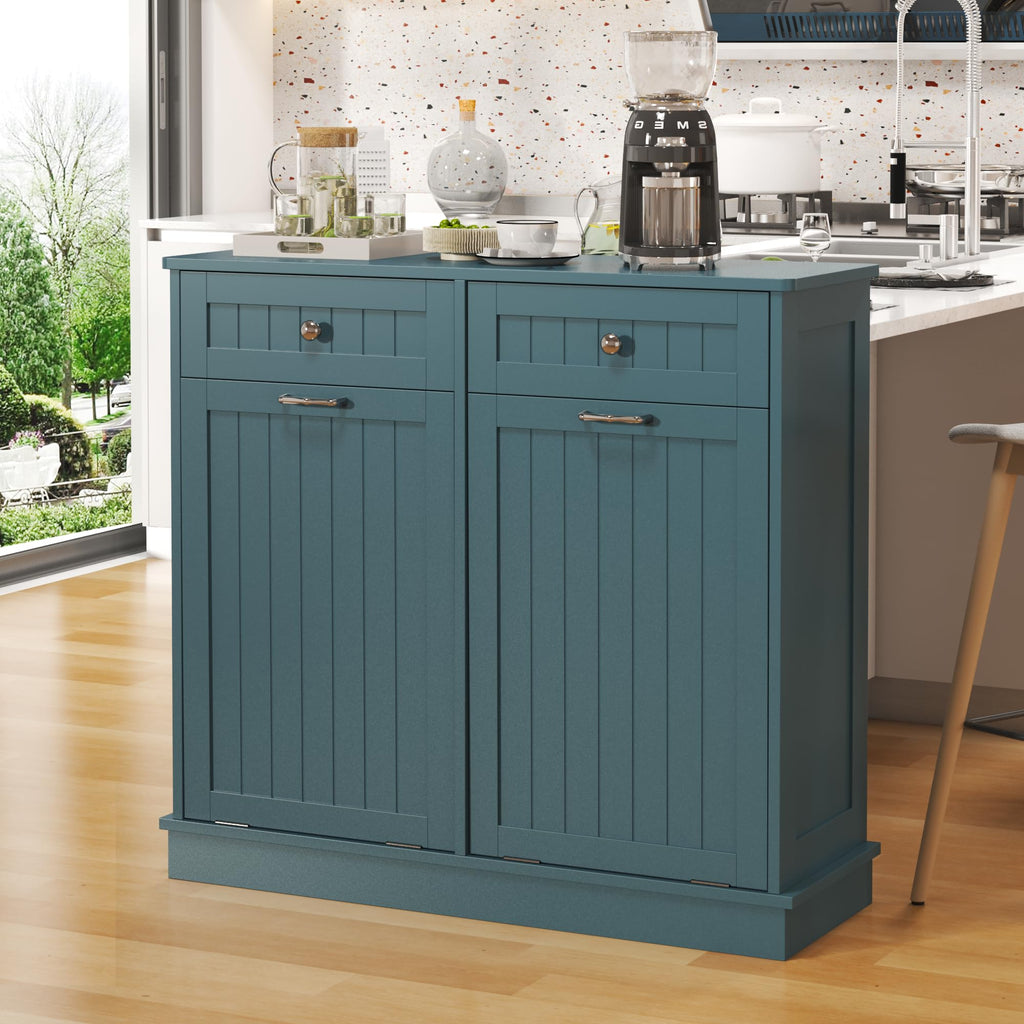 Tilt-Out Trash Cabinet with Double Hidden Bins & Drawers – Teal