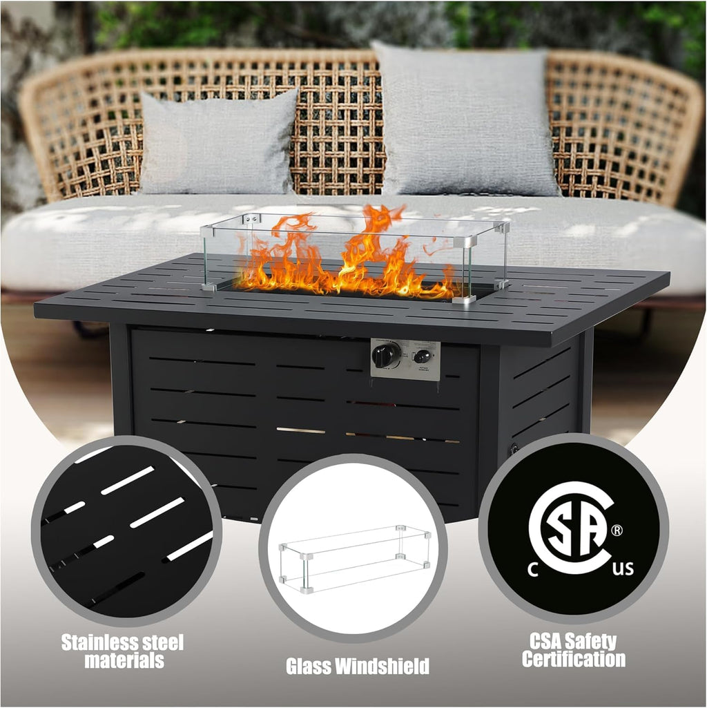 8-Piece Outdoor Wicker Sectional Sofa Set with 43" Fire Pit Table – Gray Rattan, Black Cushions