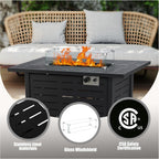 8-Piece Outdoor Wicker Sectional Sofa Set with 43" Fire Pit Table – Gray Rattan, Black Cushions