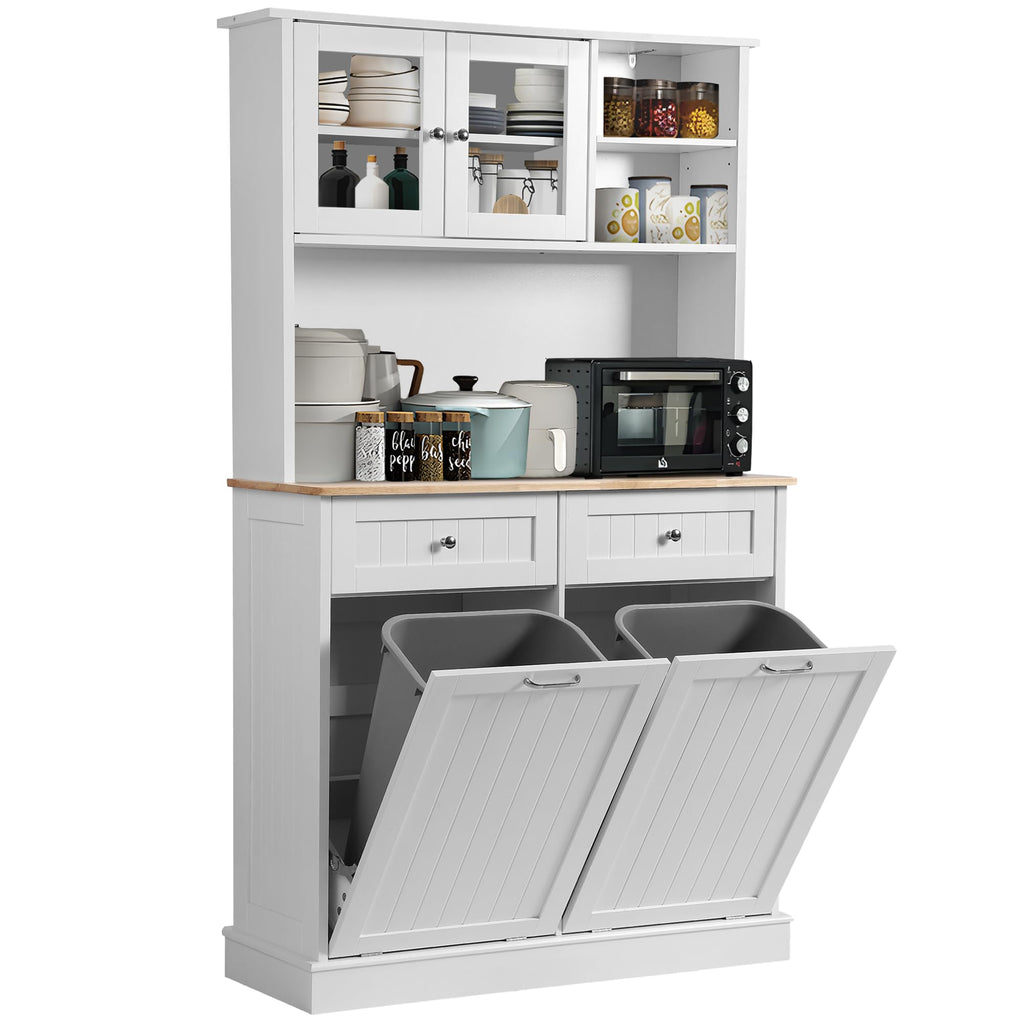 68.4" Kitchen Pantry Storage Cabinet with Glass Hutch & Tilt-Out Trash Bin – White, Double Trash
