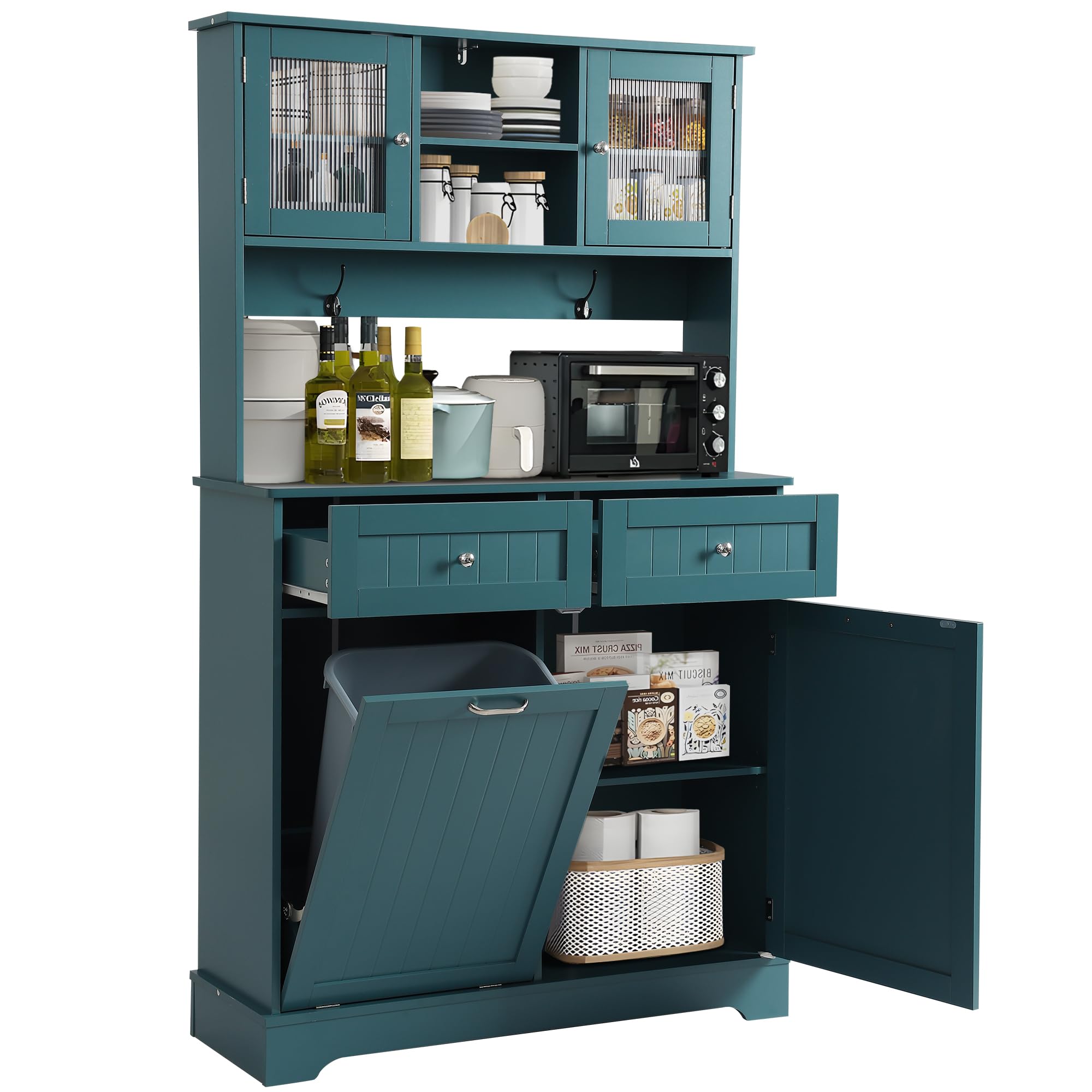 68.4" Kitchen Pantry Storage Cabinet with Hutch, Drawers & Tilt-Out Trash Bin – Deep Teal