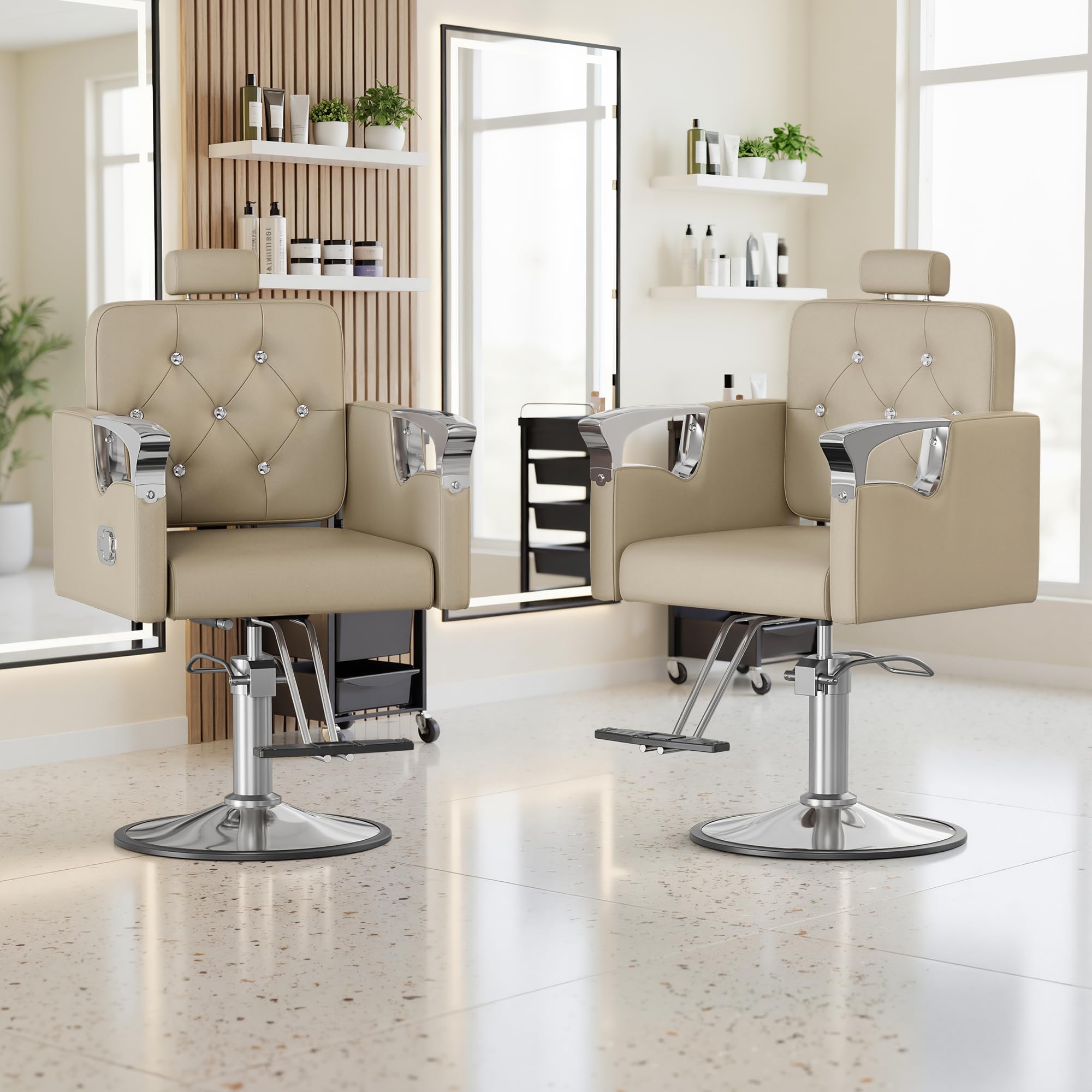 Reclining Salon Chair with Tufted Back & 360° Swivel – Height Adjustable, Beige